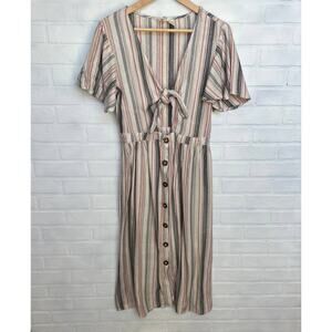 Mimi Chica Beige Multi Colored Striped Tie Front Button Down midi Dress-sz L